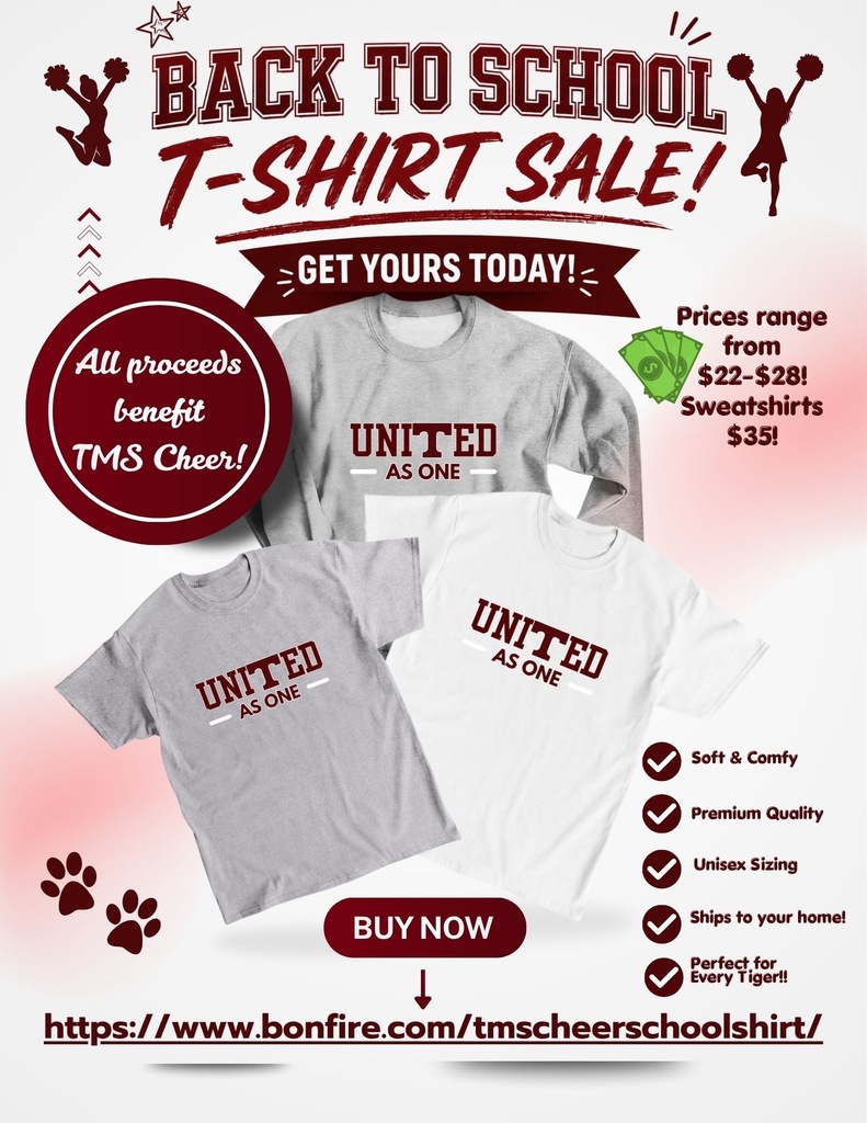 Fundraiser closes July 31. www.bonfire.com/tmscheerschoolshirt/