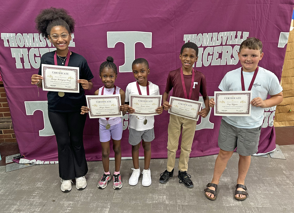The following students at Thomasville Elementary School had Perfect Attendance for the 2025-2026 school year: Reinys Rodriguez Perez, rising fourth grader; Kenzie Gaines, rising second grader; Carter Lewis, rising second grader; Chayse Harris, rising third grader; and Gray Wiggins, rising fifth grader.