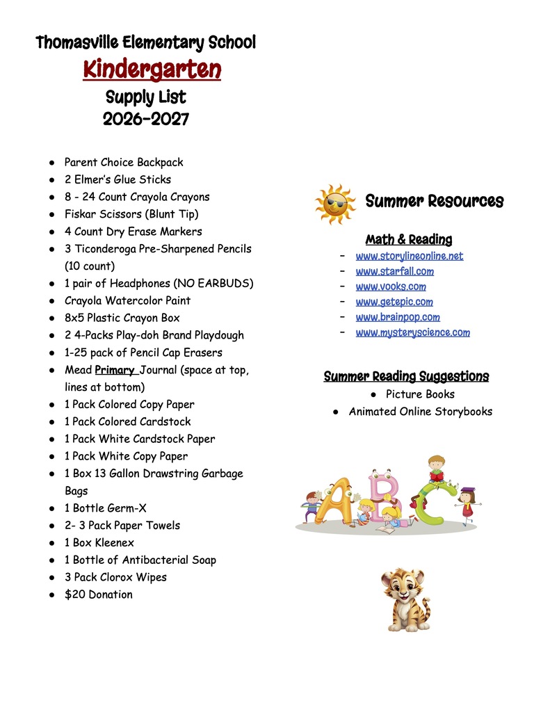 Updated TES Kindergarten Supply List 26-27 Visit the school website for all the 26-27 lists: https://www.thomasvilleschools.org/o/tes/page/tes-supply-lists-26-27