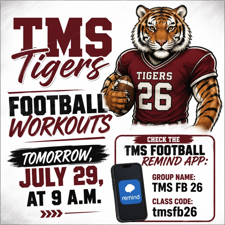TMS football workouts on Wednesday, July 29 at 9 a.m.