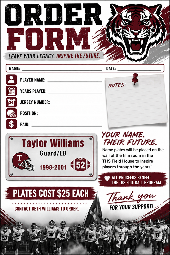 Purchase football name plates to honor THS players