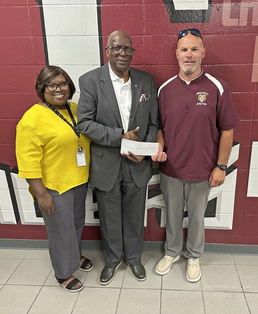 Thomasville Middle School received a $100,000 grant Aug. 4 from state representative Thomas Jackson for cafeteria improvements. Pictured are Renae Williams, TMS Assistant Principal; Thomas Jackson, Alabama State Representative for District 68; and Brad Elam, TMS Principal. 