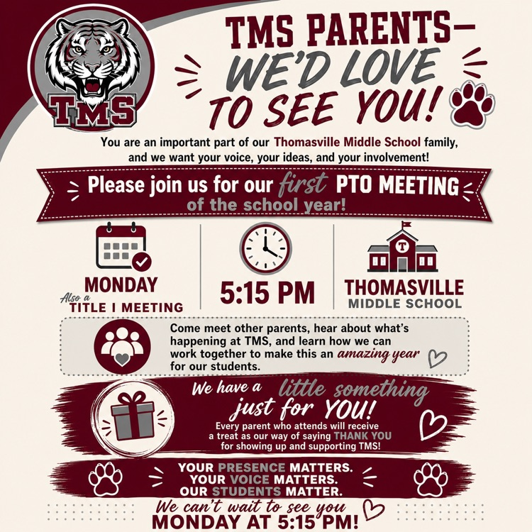 New time for TMS PTO and Title I meeting, 5:15 p.m. on Monday, Aug. 17 in the school cafeteria.