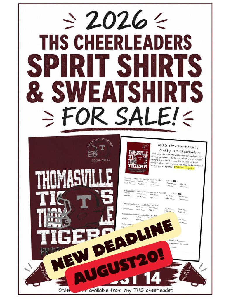 Order deadline extended until Aug. 20 for 2026 THS Cheer Spirit Shirts and Sweatshirts