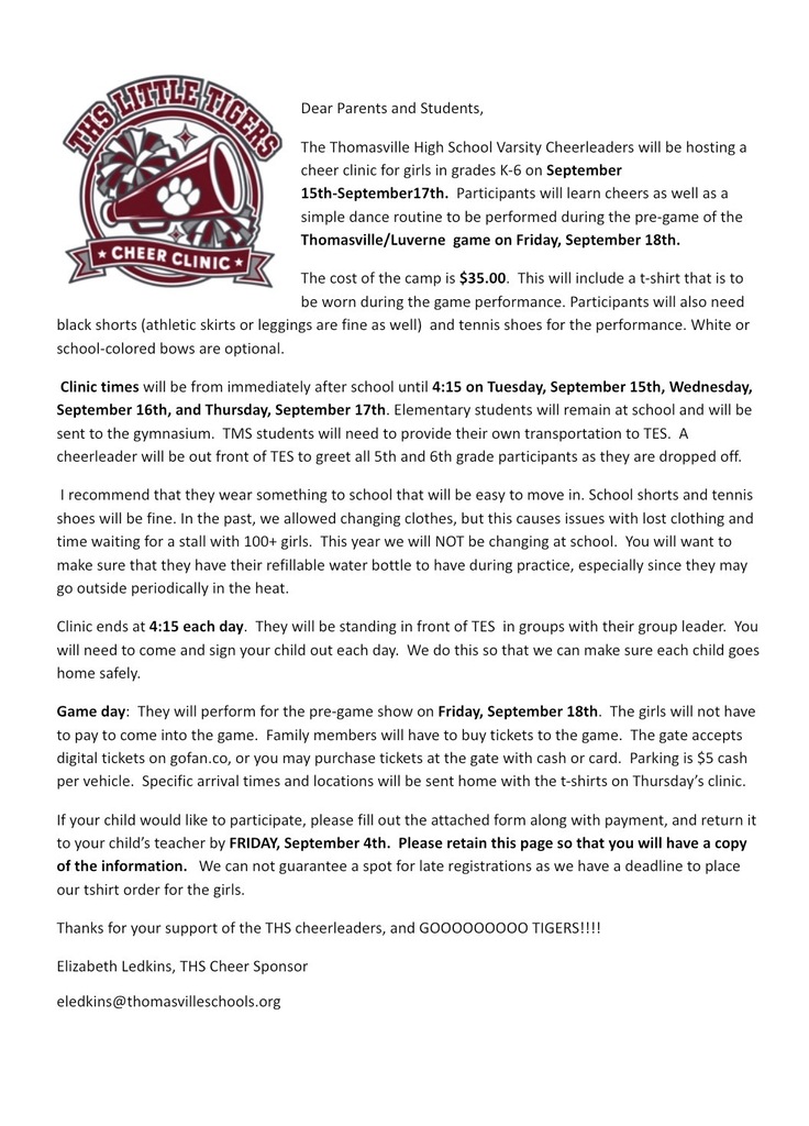 The annual TCS Cheer Clinic will be held for grades K-6 on Sept. 15-17. Participants will perform on Sept. 18 during pre-game of the home game with Luverne. Cost of the camp is $30. NOTE: Download and return form to your child's teacher by Sept. 4. We cannot guarantee a spot for late registration.