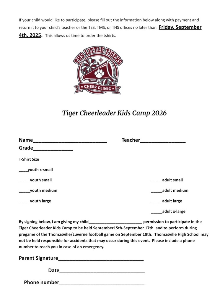 The annual TCS Cheer Clinic will be held for grades K-6 on Sept. 15-17. Participants will perform on Sept. 18 during pre-game of the home game with Luverne. Cost of the camp is $30. NOTE: Download and return form to your child's teacher by Sept. 4. We cannot guarantee a spot for late registration.