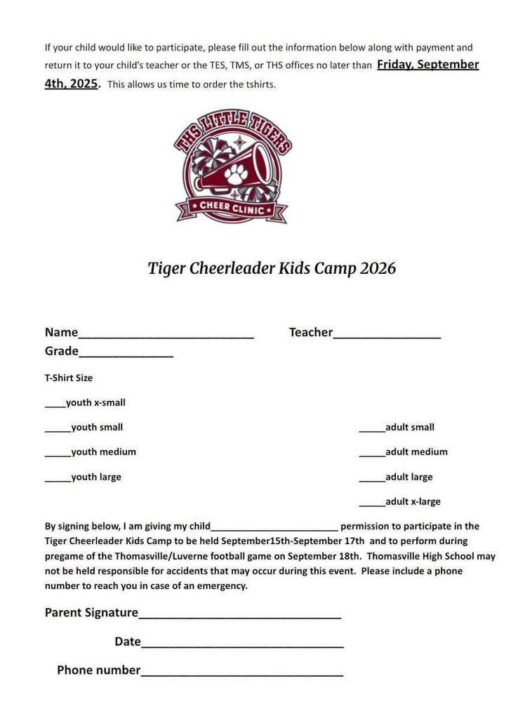 The annual TCS Cheer Clinic will be held for grades K-6 on Sept. 15-17. Participants will perform on Sept. 18 during pre-game of the home game with Luverne. Cost of the camp is $35. NOTE: Download and return form to your child's teacher by Sept. 4. We cannot guarantee a spot for late registration.