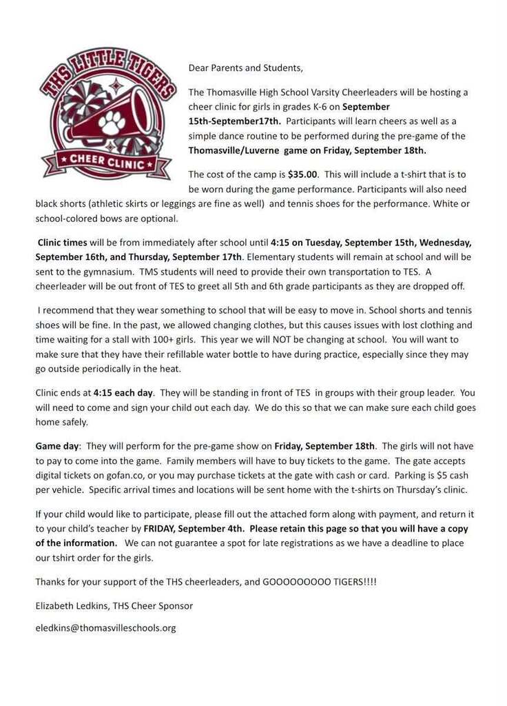 The annual TCS Cheer Clinic will be held for grades K-6 on Sept. 15-17. Participants will perform on Sept. 18 during pre-game of the home game with Luverne. Cost of the camp is $35. NOTE: Download and return form to your child's teacher by Sept. 4. We cannot guarantee a spot for late registration.