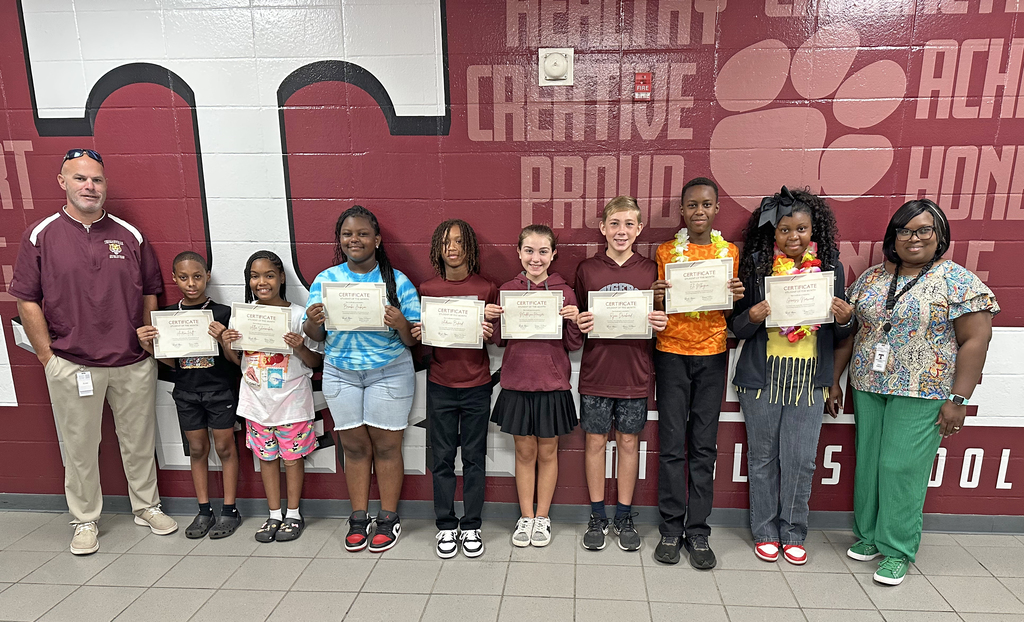 "Students of the Month" for August 2026 at Thomasville Middle School: Antron Holt and Alexandria Shoemaker, Fifth Grade; Brooke Jackson and Adrian Buford, Sixth Grade; Maddison Houser and Ryan Drinkard, Seventh Grade; and Eli Mbugua and Genesis Norwood, Eighth Grade. The students are pictured with Brad Elam, TMS Principal; and Renae Williams, TMS Assistant Principal.