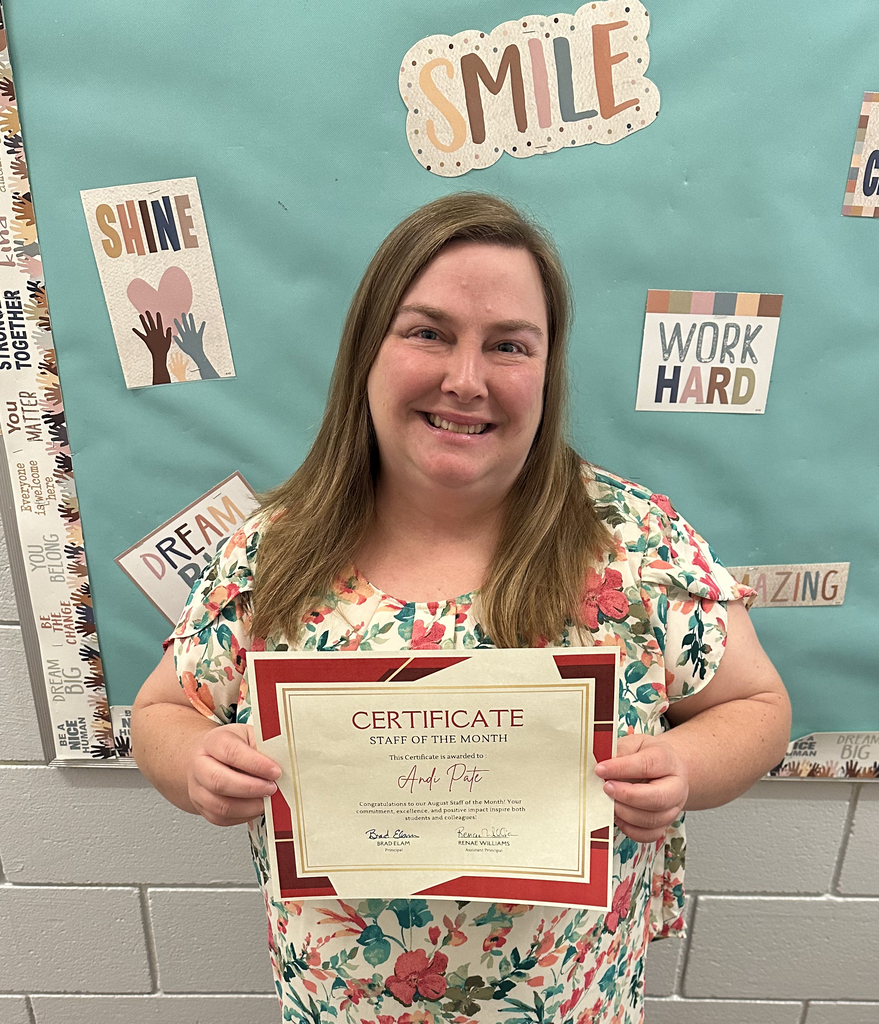 J.J. Parten, Special Education Teacher, and Andi Pate, Gifted Teacher, have been chosen as the "Staff Members of the Month" for August 2026 at Thomasville Middle School. Parten is pictured with Brad Elam, TMS Principal; and Renae Williams, TMS Assistant Principal.