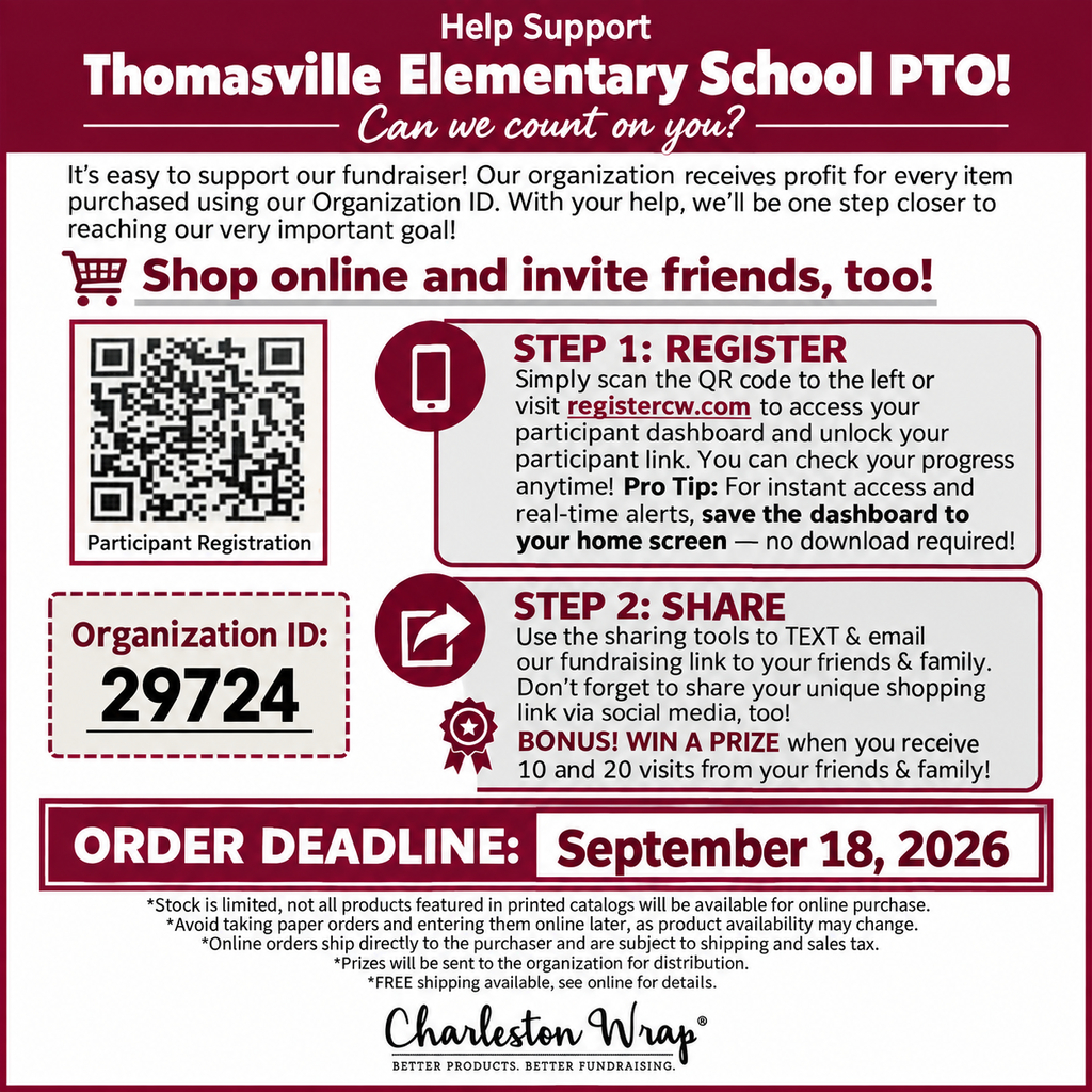 Support TES by buying from Charleston Wrap. Use the QR code or visit registercw.com. Deadline is Sept. 18.