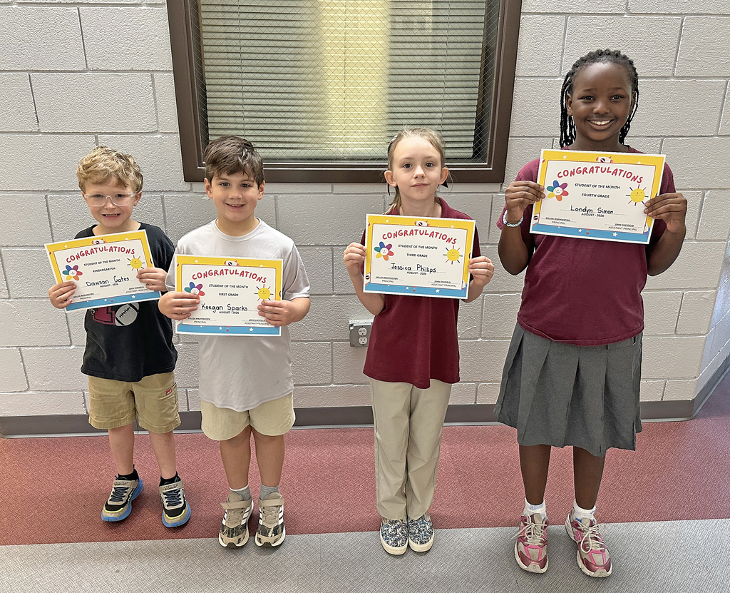 Additional "Students of the Month" for August 2026 at Thomasville Elementary School: Dawson Gates, Kindergarten; Keegan Sparks, First Grade; Jessica Phillips, Third Grade; and Londyn Simon, Fourth Grade. Not pictured is Easton Stinson, Second Grade.