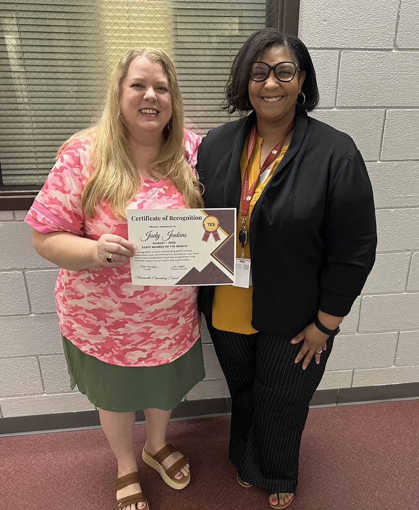 Judy Jenkins, Fourth Grade Teacher, has been chosen as the "Staff Member of the Month" for August 2026 at Thomasville Elementary School. She is pictured with Melisa Washington, TES Principal.