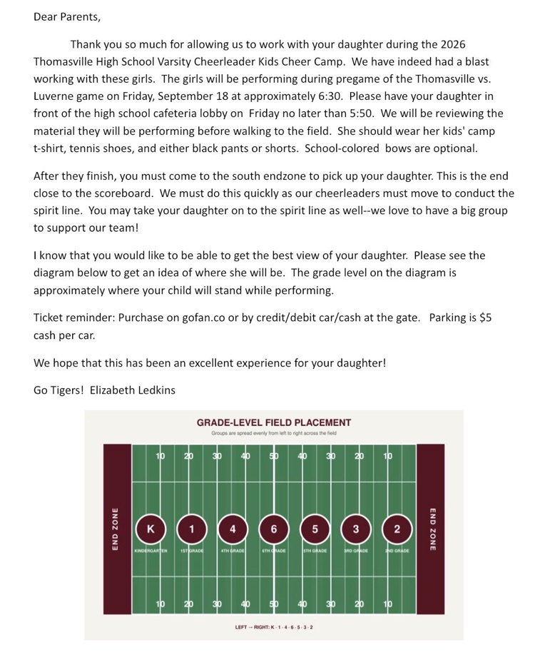 All cheer clinic participants received this letter today, along with their t-shirt for tomorrow. It details everything you will need to know about the pregame participation. 