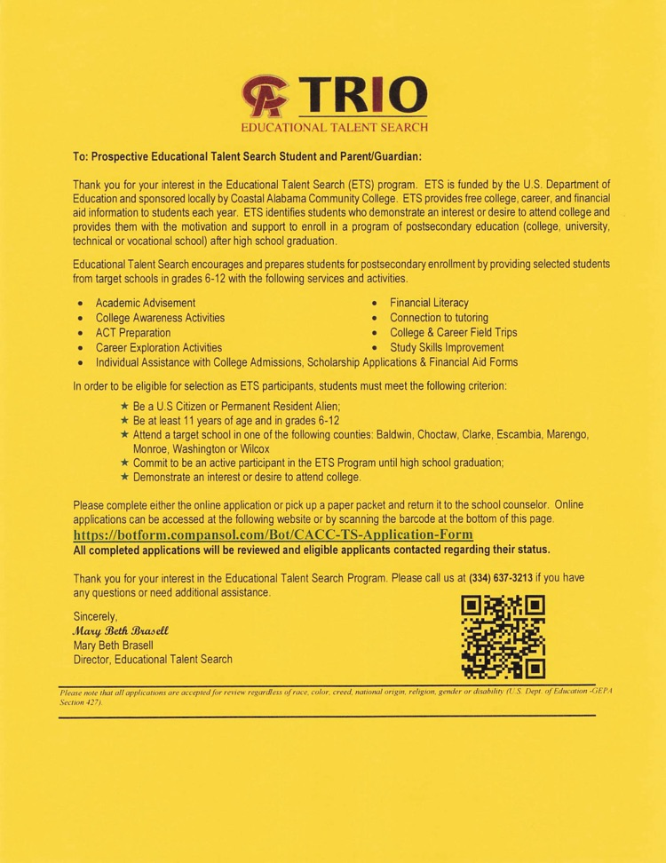 Students in grades 9-11 who would like to apply for the Educational Talent Search program should use the QR code or website address on this form to apply online. NOTE: Students who are already in the program, please do not apply again.