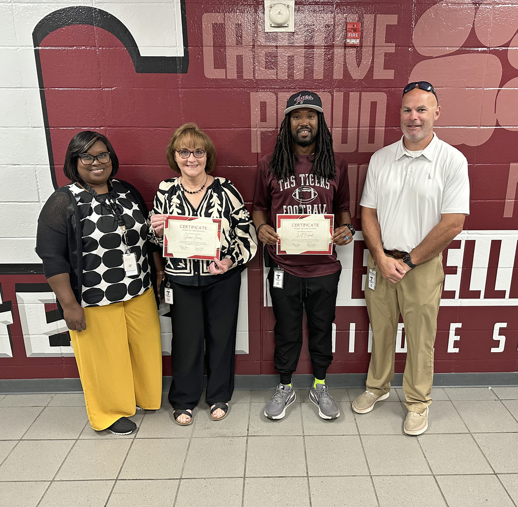 Sharon James, Secretary, and Will Buford, Physical Education Aide, have been chosen as the "Staff Members of the Month" for September 2026 at Thomasville Middle School. They are pictured with Renae Williams, TMS Assistant Principal; and Brad Elam, TMS Principal.