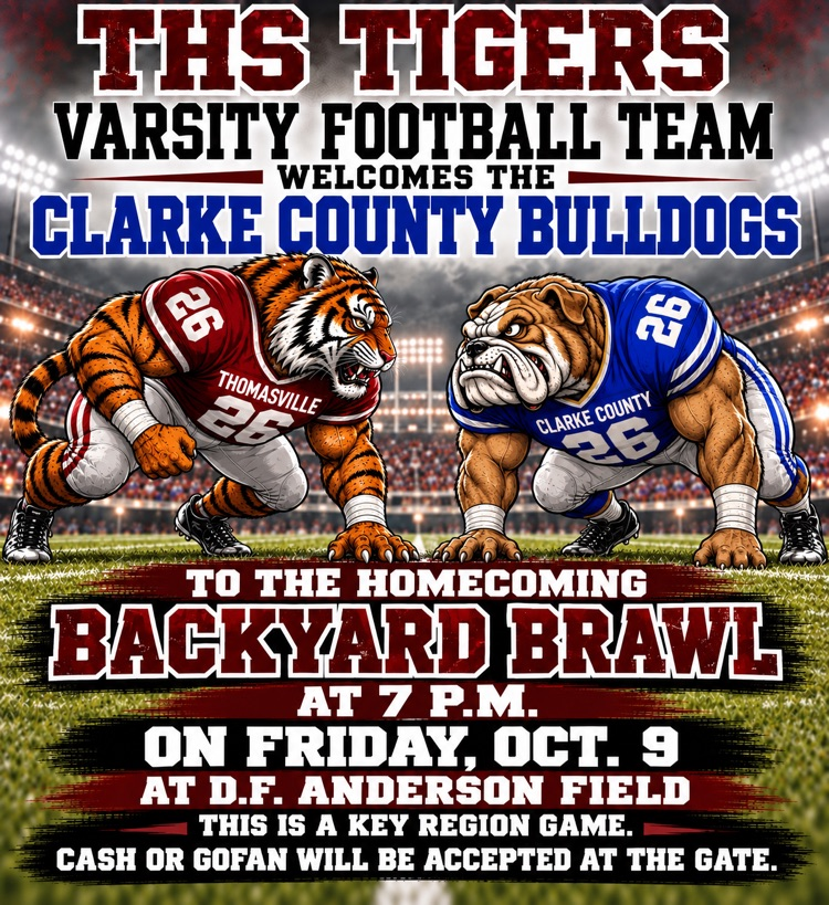 The THS Tigers varsity football team welcomes the Clarke County High School Bulldogs at 7 p.m. on Friday, Oct. 9 at D.F. Anderson Field.