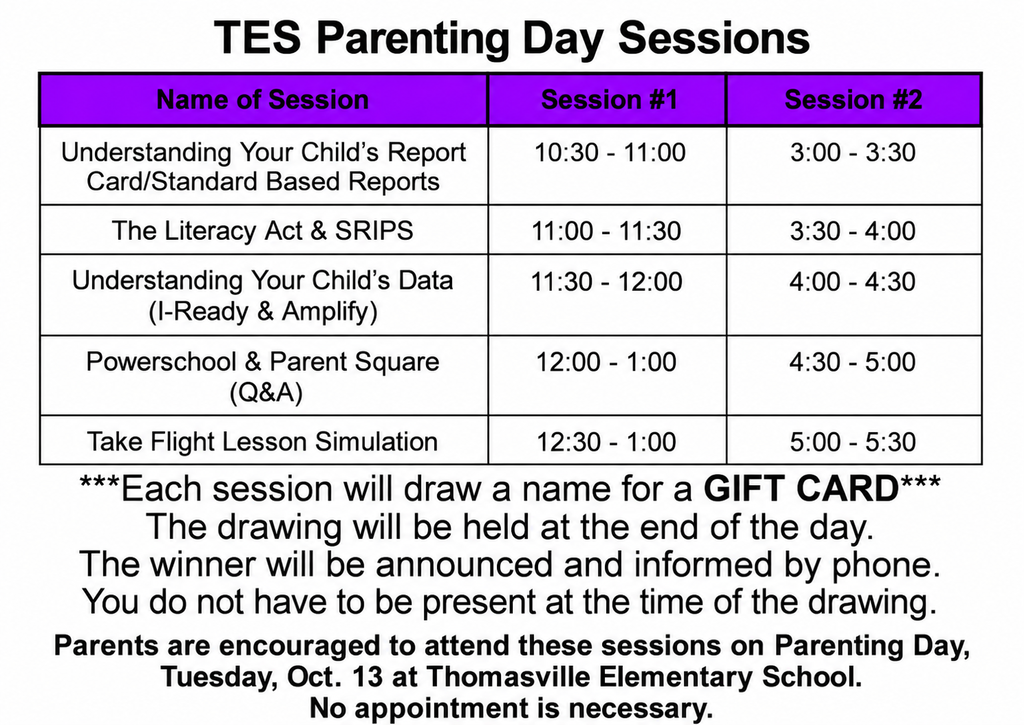 Parents of children in Thomasville Elementary School are encouraged to attend informational sessions on Tuesday, Oct. 13. No appointment necessary.
