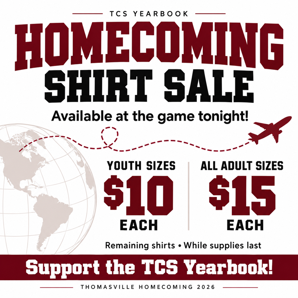 We’ll be selling our remaining TCS Homecoming shirts at the game tonight! • Youth sizes: $10 each • All adult sizes: $15 each Sizes and quantities are limited. Stop by and grab yours while supplies last! Thank you for supporting the TCS Yearbook!