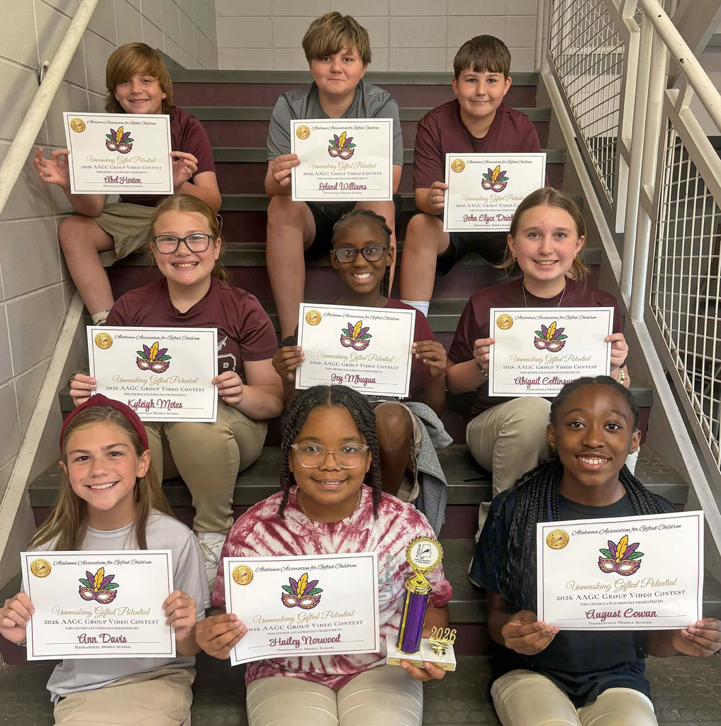 The sixth-grade gifted students at Thomasville Middle School have been named the 2026 Alabama Association for Gifted Children (AAGC) 6–8 Group Video Award winners! Their video, showcasing their creativity, collaboration, and talents, was selected as the statewide winner for their division and recognized at the 2026 AAGC Conference on Oct. 7. The selection committee praised the students for their creativity and hard work and encouraged them to continue developing and sharing their talents. Pictured are (bottom row) Ann Davis, Hailey Norwood, and August Cowan; (middle row) Kyleigh Motes, Joy Mbugua, and Abigail Collinsworth; (top row) Abel Horton, Leland Williams, and John Clyce Drinkard. Students not pictured: Holly Rush and Everlie Barron.