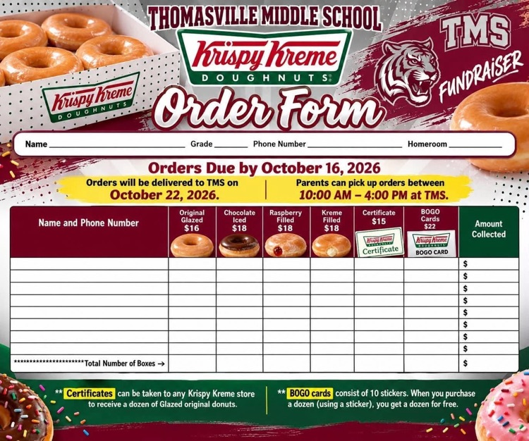 Doughnut orders due by noon on Friday, Oct. 16.