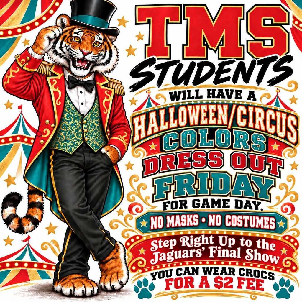 TMS students can wear Halloween/Circus Colors for Game Day Dress Out on Friday.