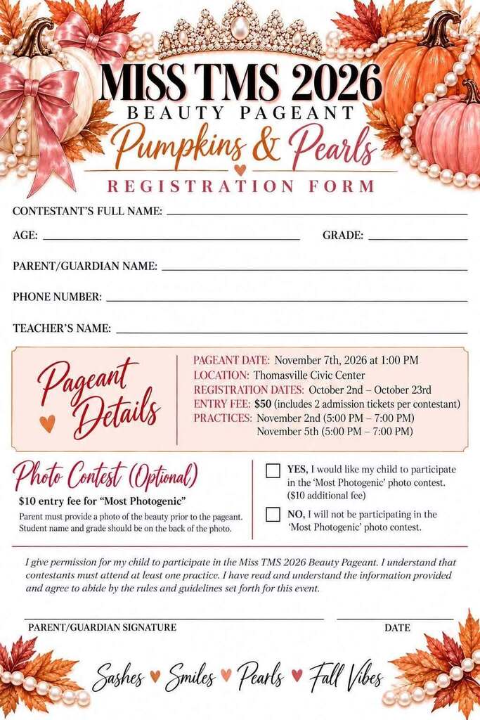 Miss TMS Pageant, Nov. 7 in the Civic Center. Register by Oct. 23.