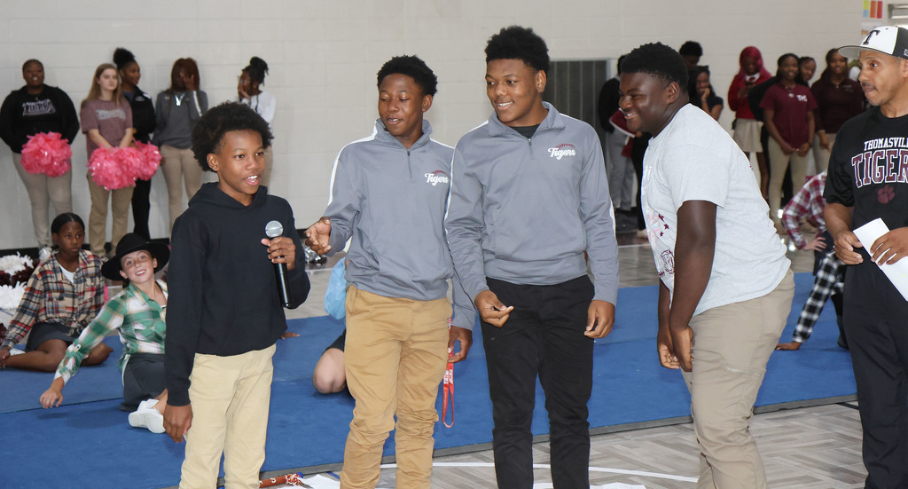 Corey Hosea, Troy Davis, Jayson Hathaway and Zamarion Taylor, captains for tonight's Thomasville Middle School home football game with University Charter School, asked fellow students to come out and support the Tigers during the Pep Rally. Kickoff is at 6 p.m. at D.F. Anderson Field.