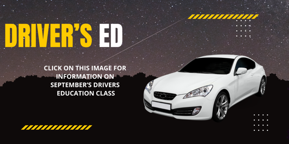 Picture of a white car at night; click on the image for September's Drivers Ed. Class Info
