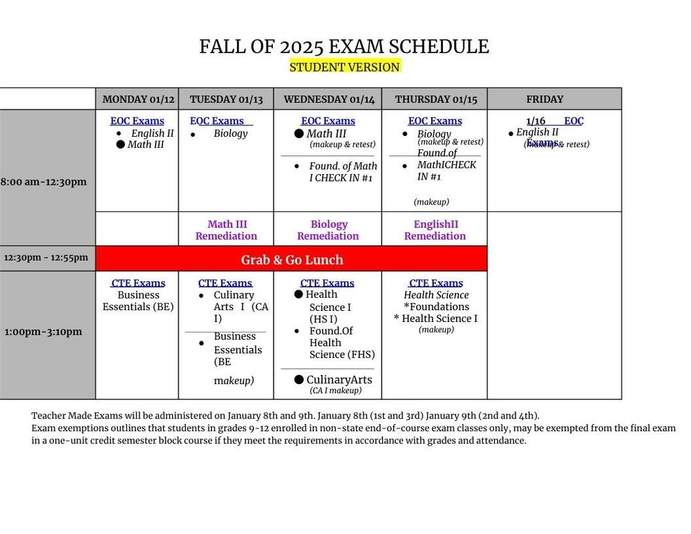 Exam schedule