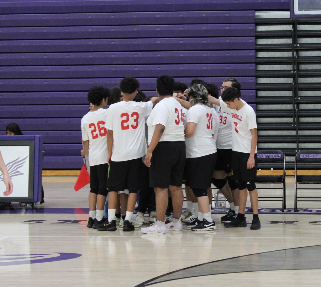 The THS Men's Volleyball team huddles up.
