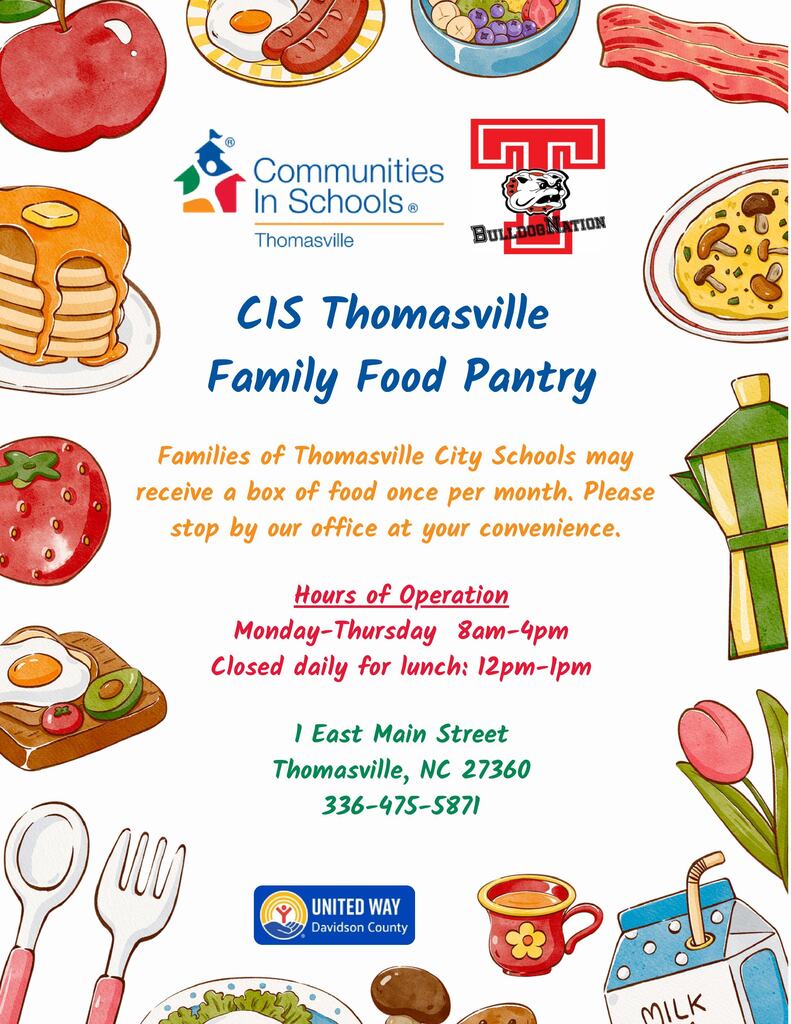 CIS Thomasville Food Pantry info surrounded by a border of food