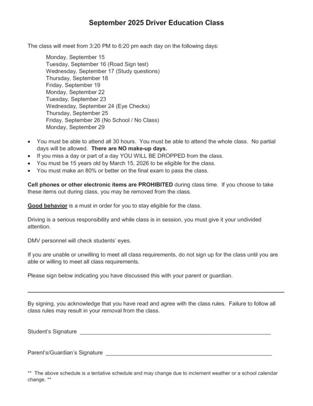 Information on September Driver's Ed. Class