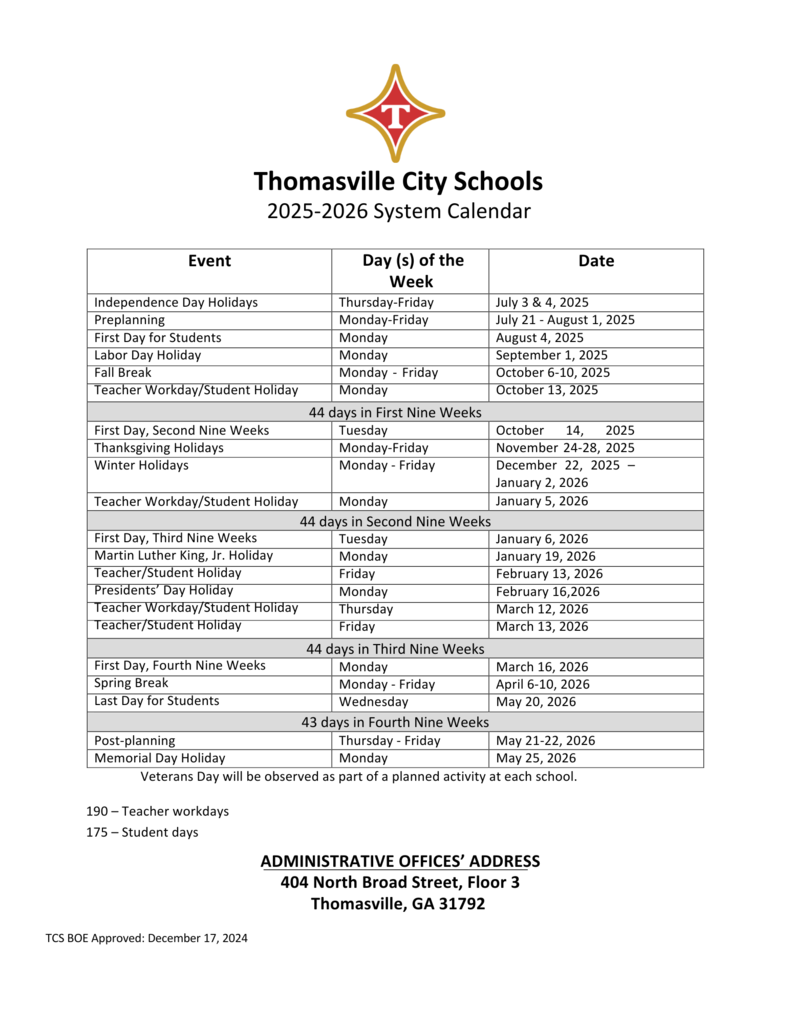 2025-2026 Approved School Calendar