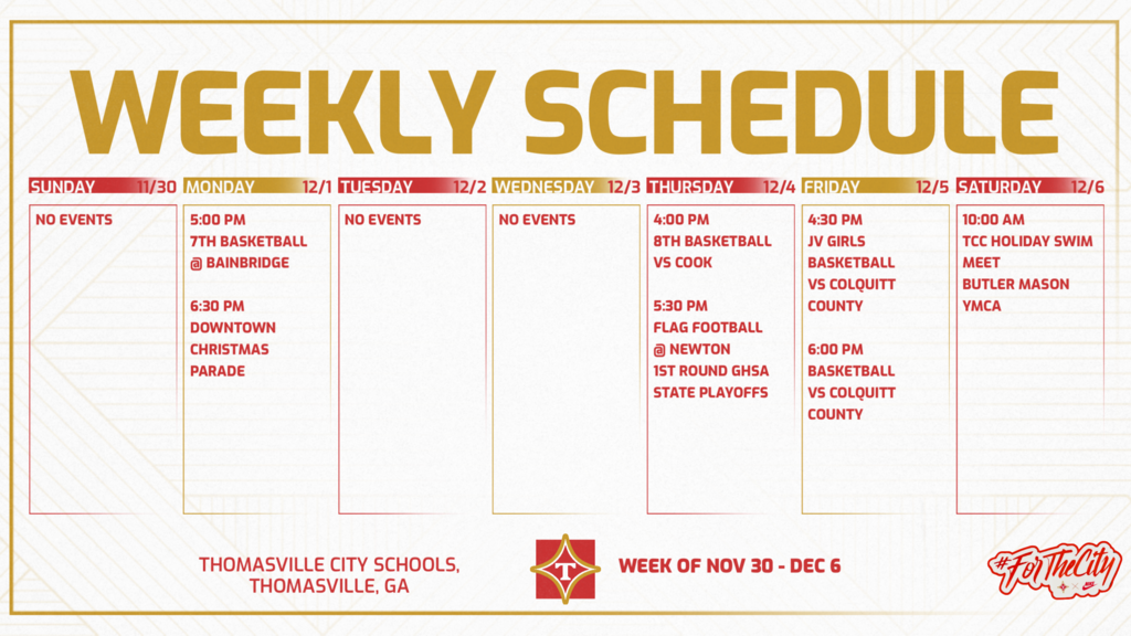 TCS Athletics Weekly Schedule 11/30