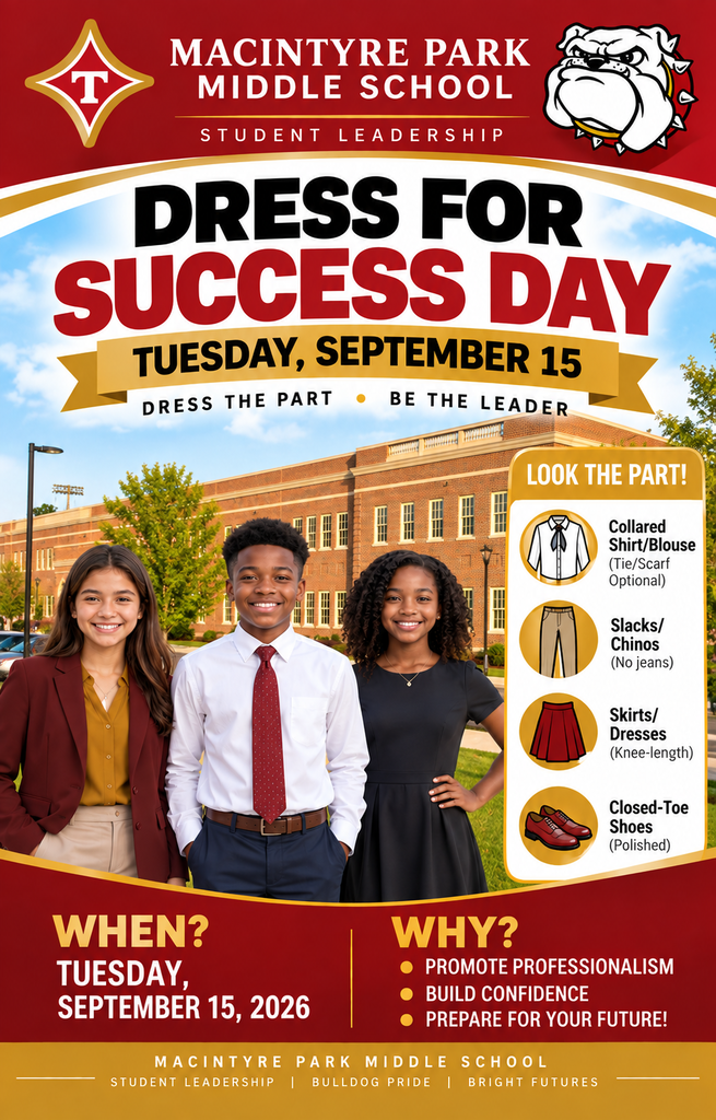 Poster with four students. Text reads "Dress for Success Day, Tuesday, September 15." Details below.