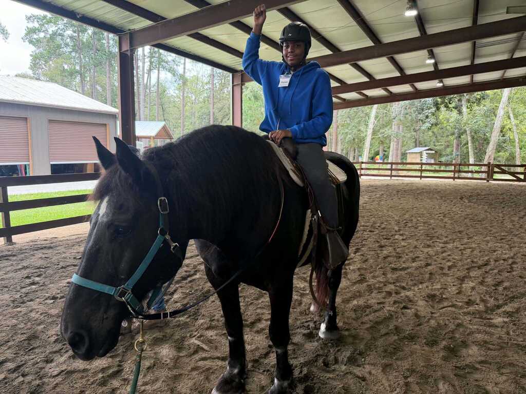 Person in blue jacket riding a black horse with bridle, standing in a sandy outdoor area under a roof.