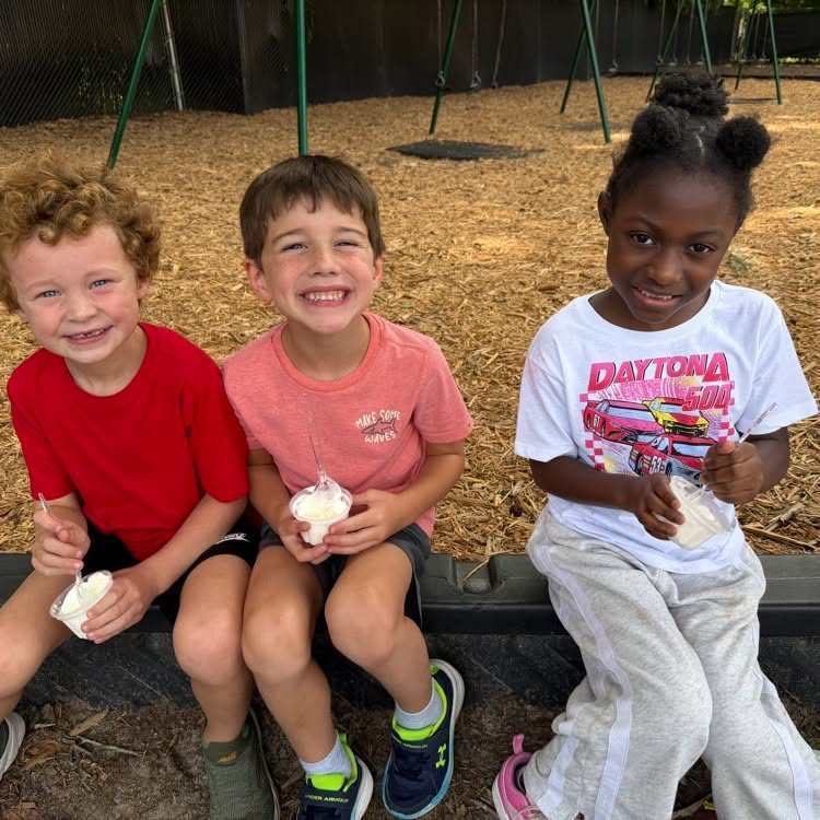 Three children sit together outdoors, holding ice cream. A brown swing set is behind them.