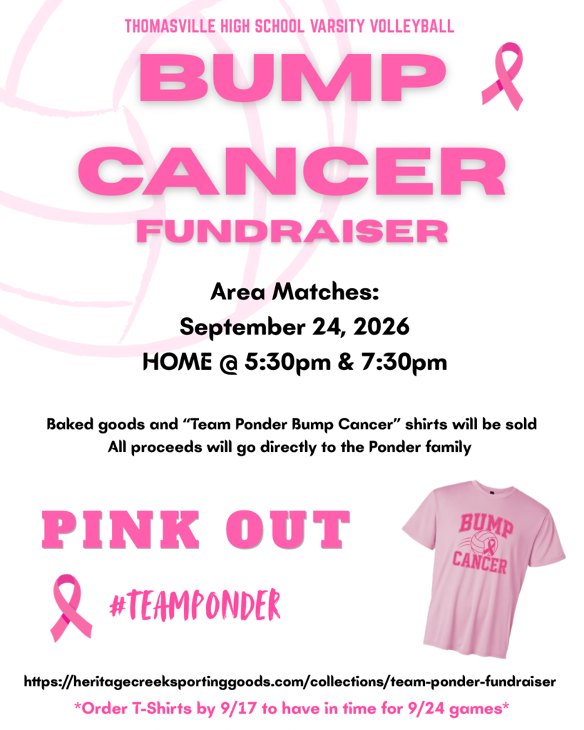 Pink background with "BUMP CANCER FUNDRAISER" text. Two matches on September 24, 2026, at 5:30pm and 7:30pm. Baked goods and t-shirts sold for proceeds.