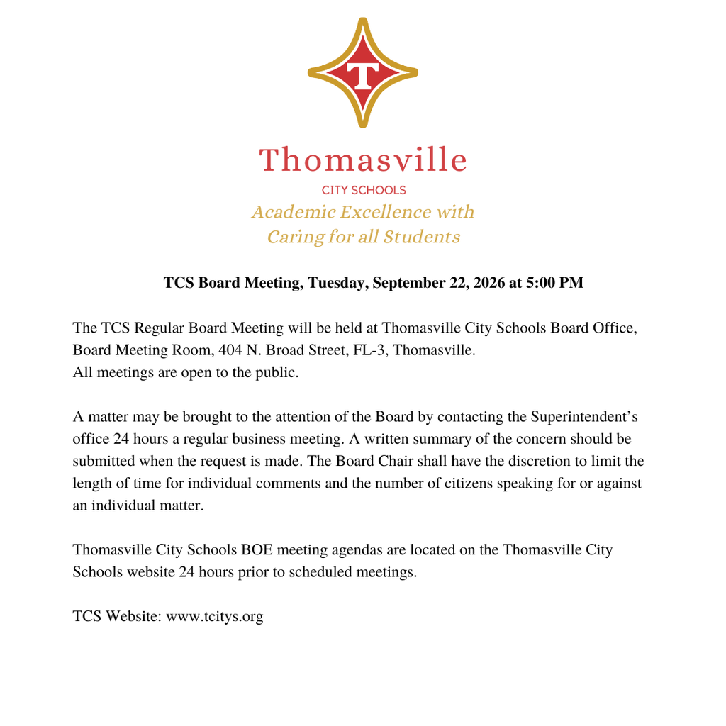 A white page displays a header with a logo and the text "Thomasville City Schools Academic Excellence with Caring for all Students." Below is a meeting notice.