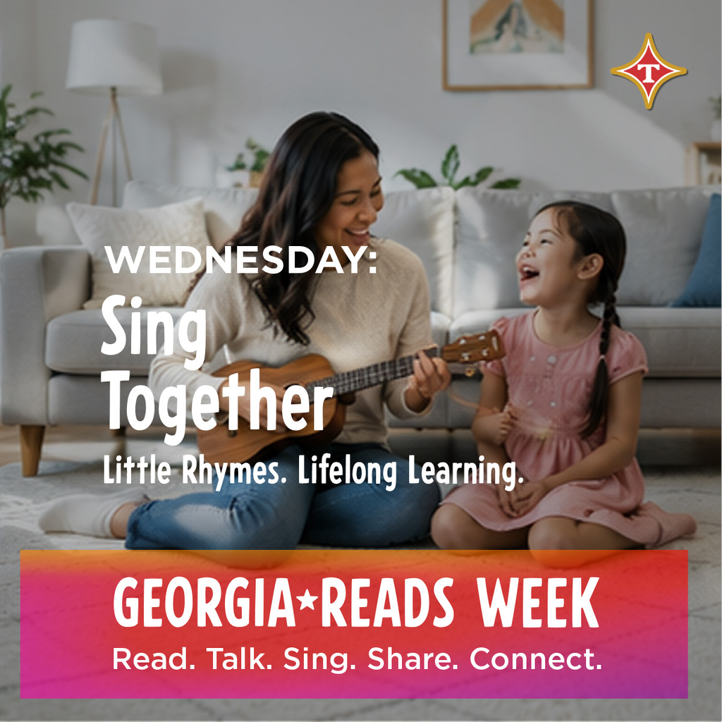 A woman and a child sit on a carpeted floor, playing guitar. A banner reads "Sing Together: Little Rhymes. Lifelong Learning."