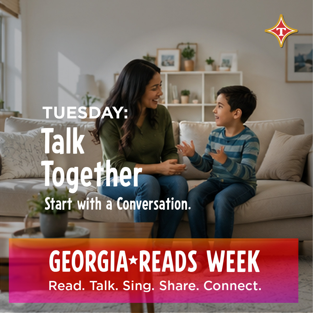 Woman and child sitting on a sofa. Text: Talk Together. Start with a conversation. Georgia Reads Week.