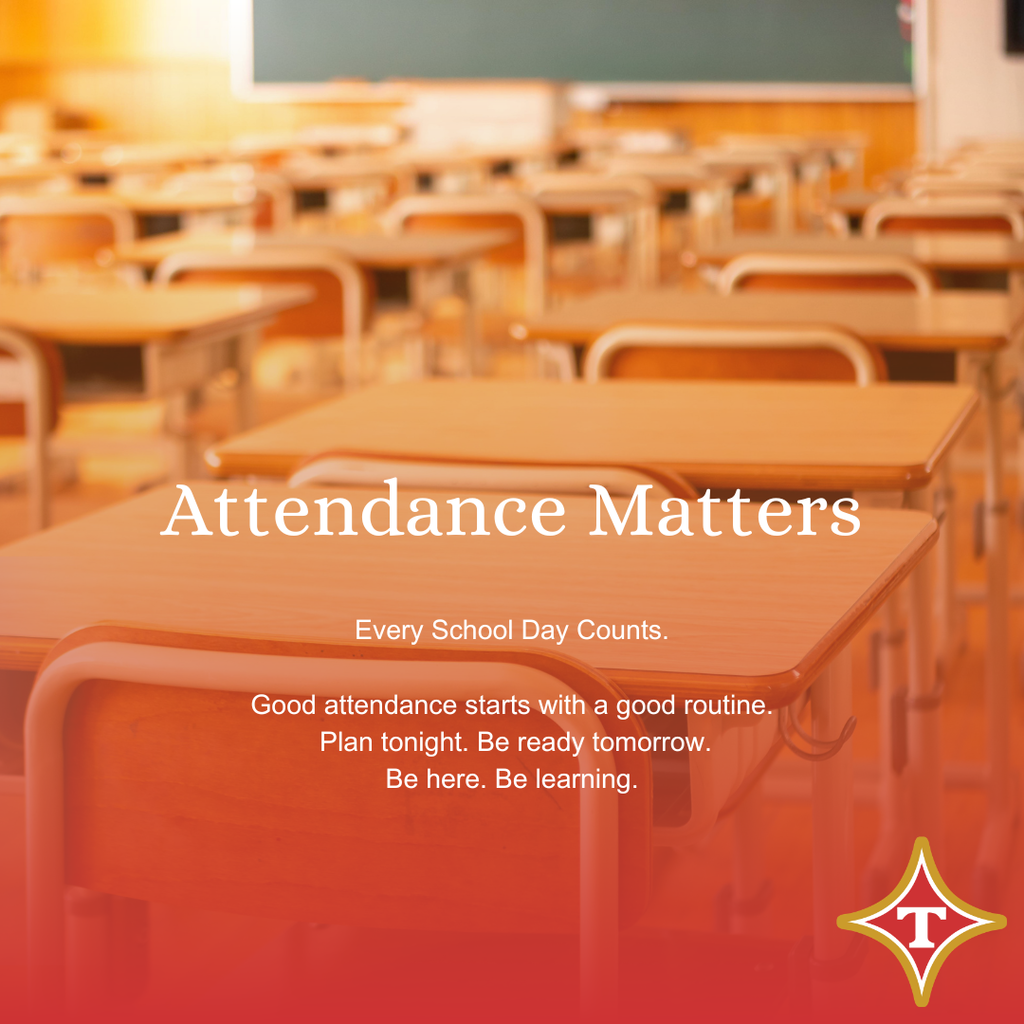 An empty classroom has wooden desks and chairs, and a blackboard at the front. The text "Attendance Matters" is displayed.