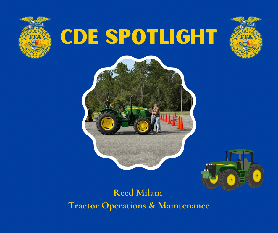 Display with blue background. Centered image of a tractor with person. Title reads "CDE SPOTLIGHT".