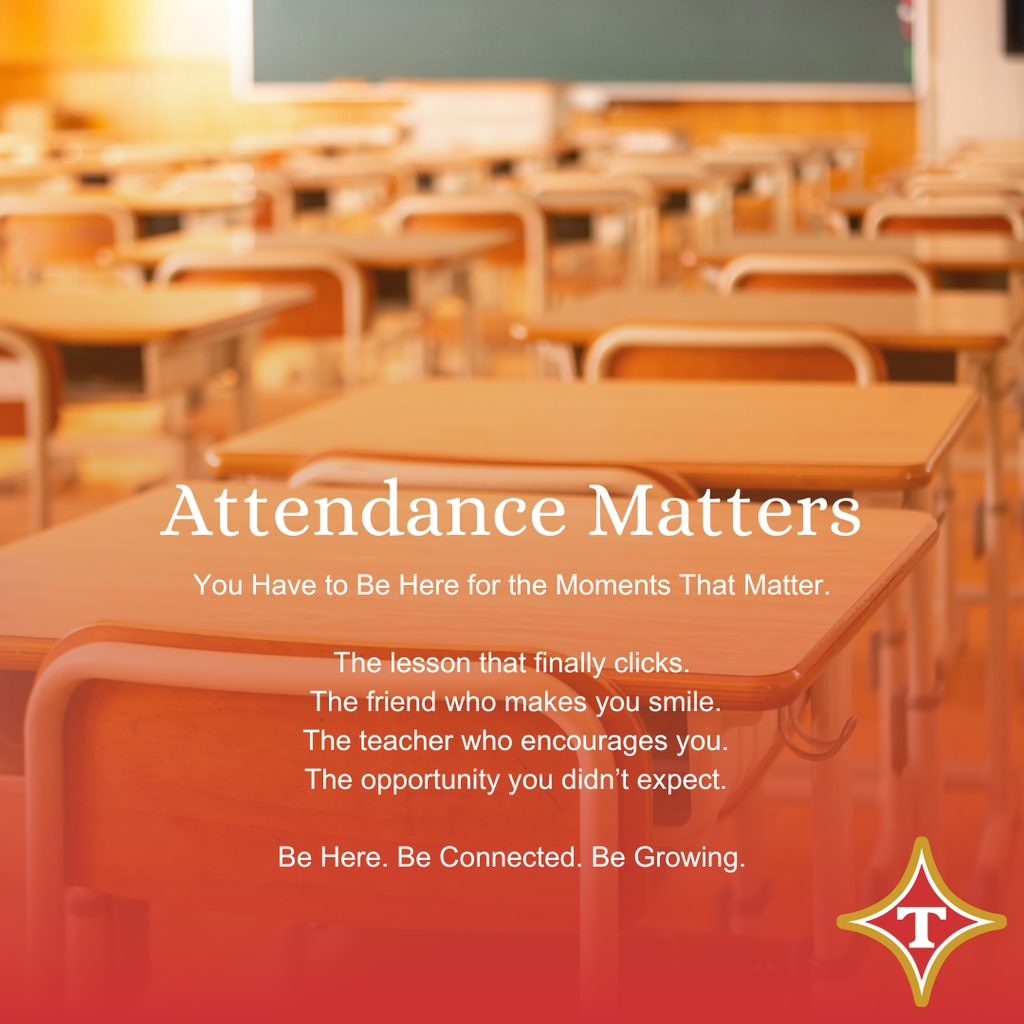 Empty classroom with desks and a blackboard. Text overlay reads "Attendance Matters" and highlights the importance of being present.