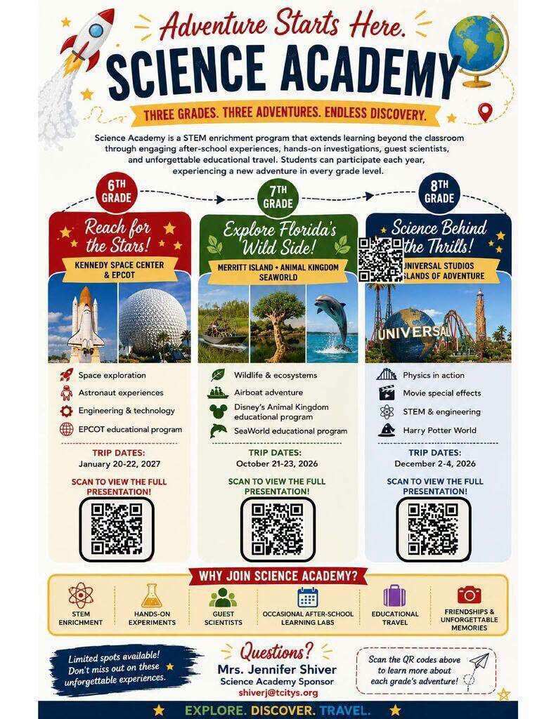 An infographic for Science Academy displays three adventures for different grade levels. Each adventure includes a location, activity, and date.