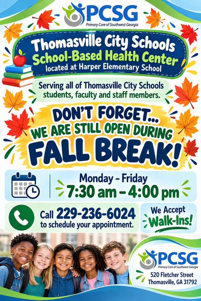 An ad for Primary Care of Southwest Georgia shows children, leaves, and text. It says they are open during Fall Break.