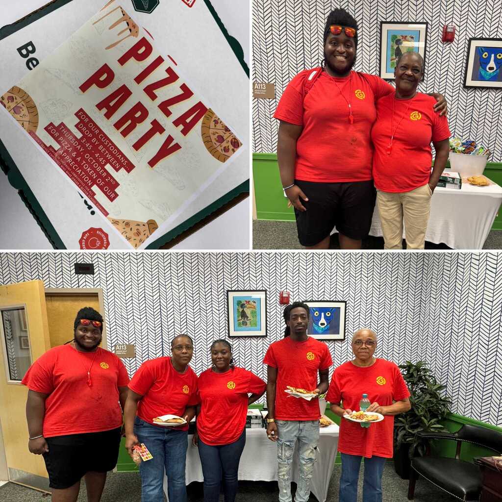 Three photos show people in red shirts. One shows a cake. Two show groups posing for photos.