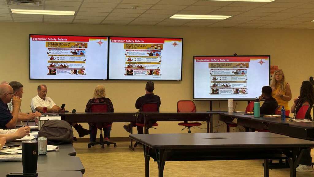 Meeting room with three screens displaying content. People seated at a long table, facing the screens.