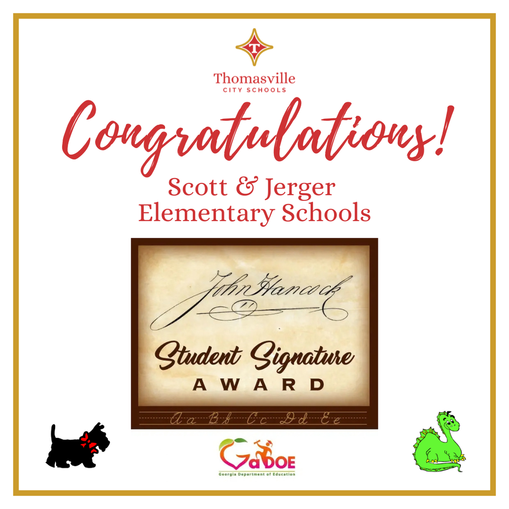 A certificate with a gold border displays "Congratulations! Scott & Jerger Elementary Schools." A framed signature is above.